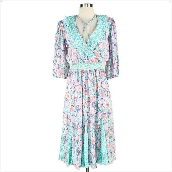 Assorti Susan Freis Vintage 80s Pastel Floral Ruffle Pleated Smocked Dress XS - Picture 2 of 5